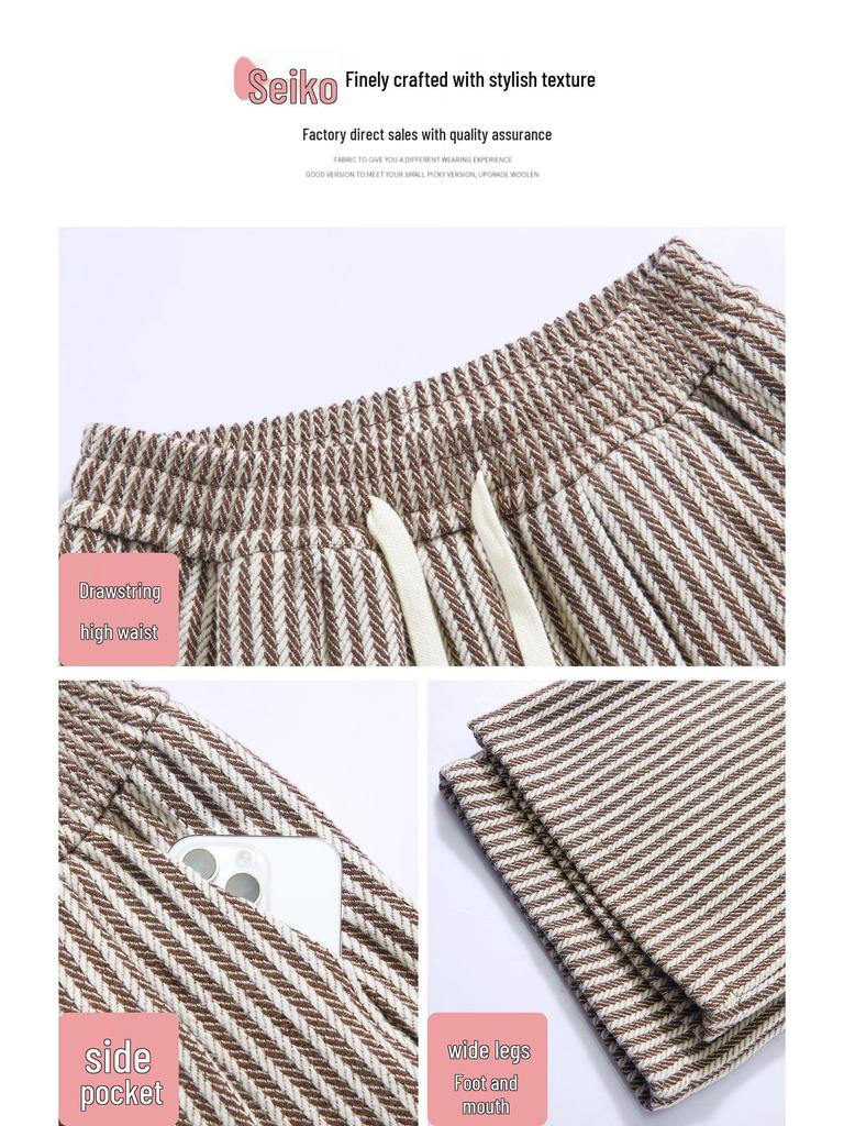 Women's Coffee Pinstripe Wool Pants: Petite 150, High-Waist, Wide/Narrow Leg, Autumn/Winter Drape