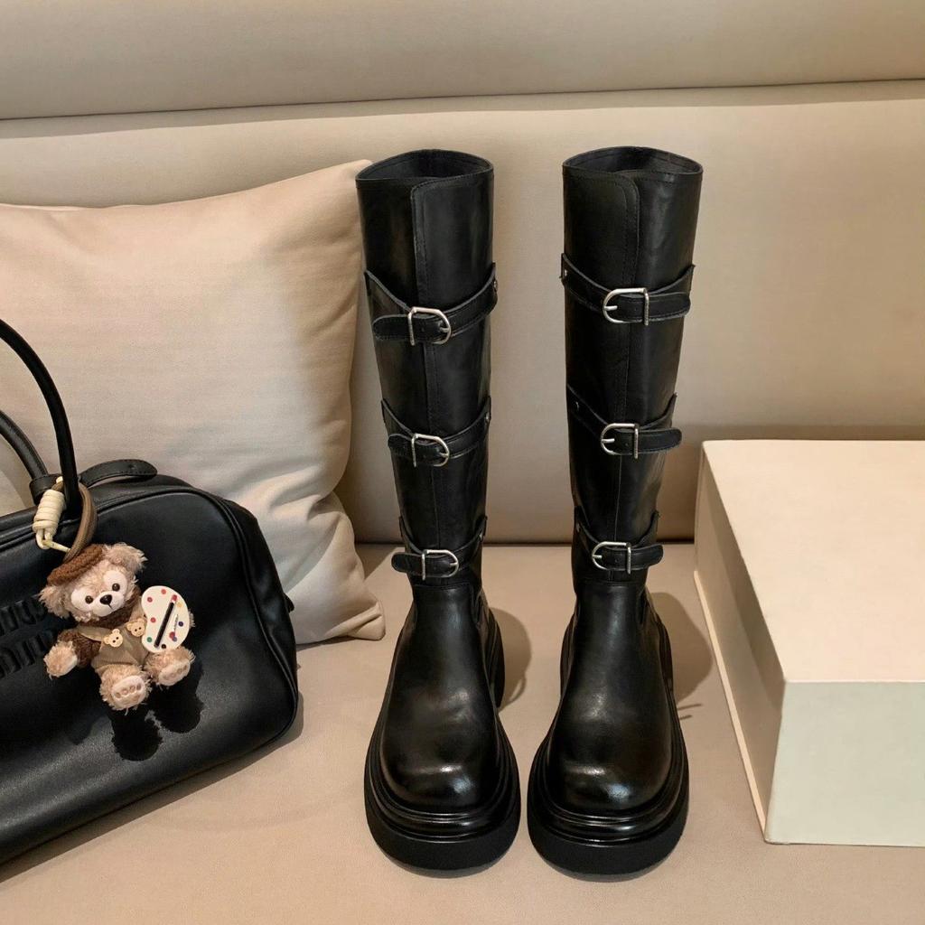 Ботинки с пряжкой на ремне, кожаные ботинки Martin на толстой подошве, женские широкие узкие сапоги на толстом каблуке, длинные сапоги