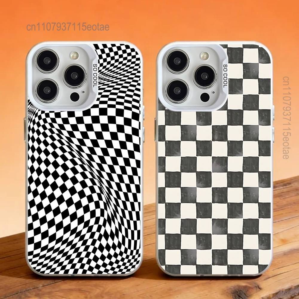 Черно-белый Клетчатый Чехол для Телефона Для iPhone 17,16,13,12,11,15,14,Pro,Max,Plus,SE4,Air,Mini Белый IMD Матовый