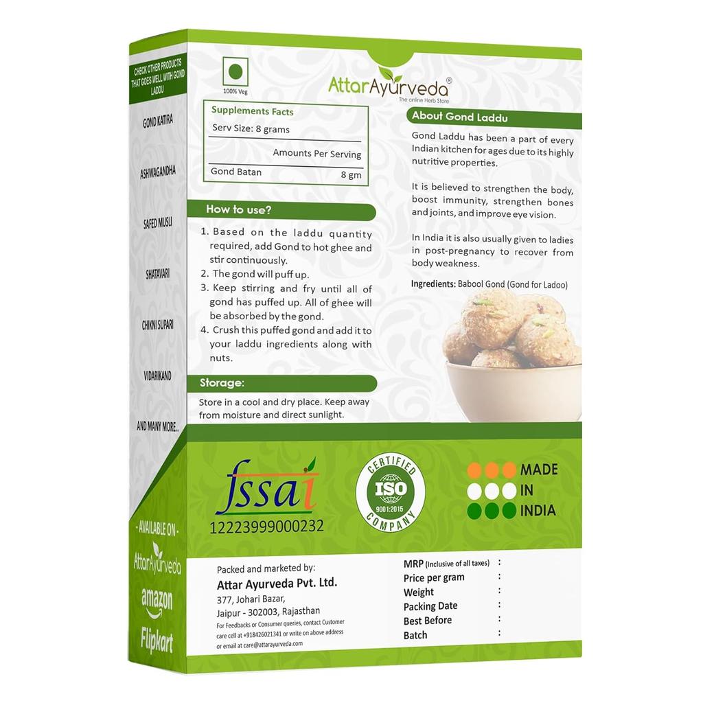 Attar Ayurveda Edible Gond 250 Grams Natural Babul Gum For Laddu Making Premium Handpicked No Preservatives Cooking Ingredient