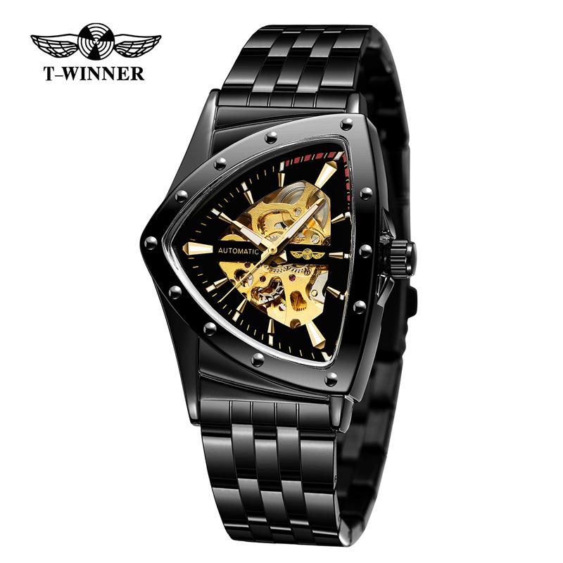 Winner 395S New Male Wrist Mechanical Watches Golden Stainless Steel Waterproof Sport Mens Triangle Skeleton Watch Transparent