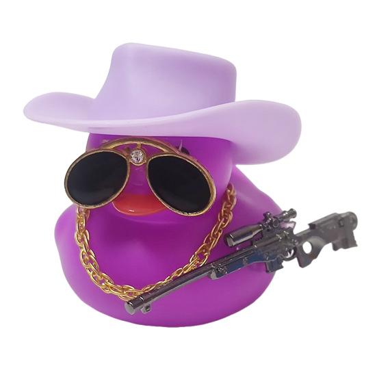 Duck Ornament Squeaky Car Dashboard Decoration Set Funny Yellow Duck Figure with Cowboy Hat Sunglasses Golden Chain Decor