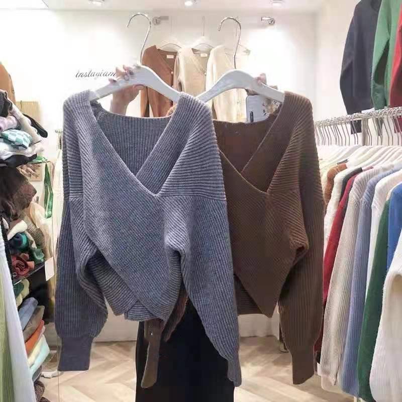 Temperament Simple cross-V-neck Loose Women's Sweater, Autumn and Winter Commuting All-match Elegant Women's Sweater Top