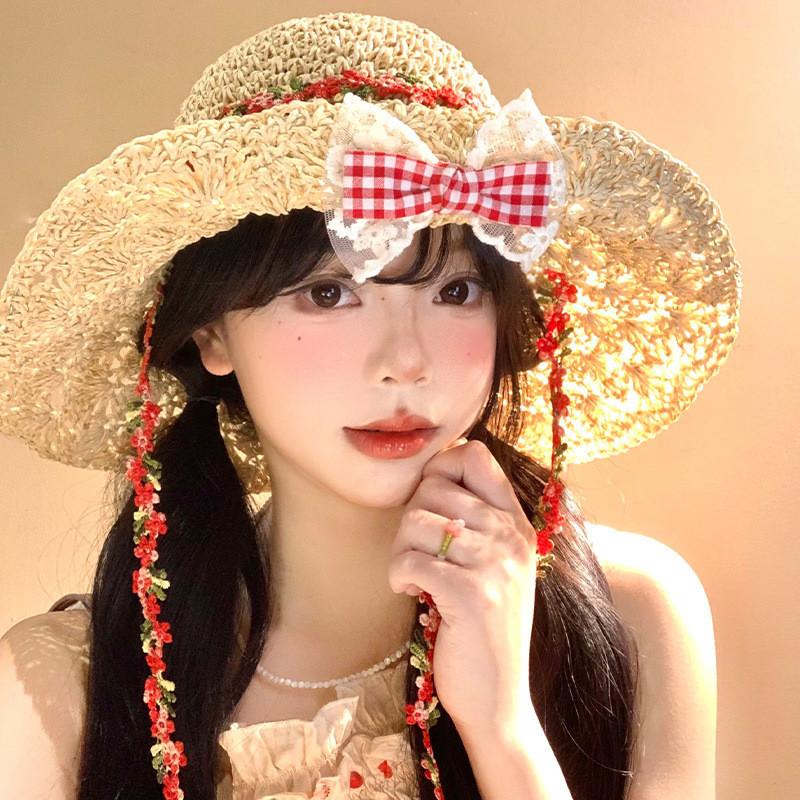Handmade Straw Sun Hat With Extended Brim And Ribbon Tie For Outdoor Sunshade
