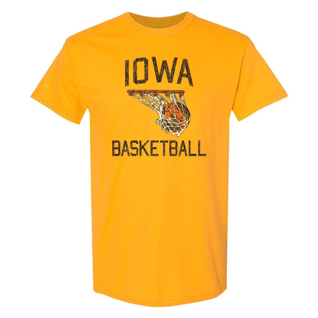 Iowa Hawkeyes Faded Retro Basketball T-Shirt Premium Cotton - Gold