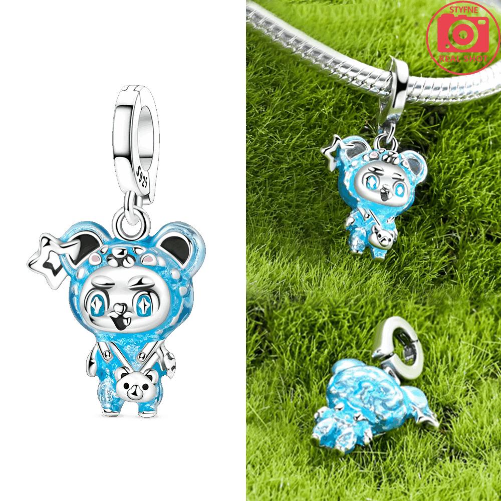 925 Silver Lucky Four-Leaf Clover Bear Cottontail Rabbit Colorful Doll Series Pendant Beads Fit Bracelet Jewelry Gift