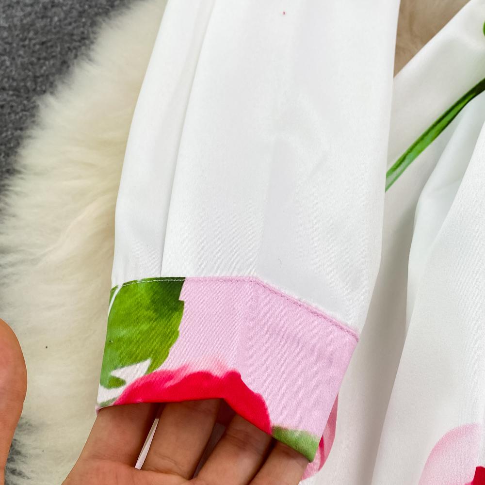 Весеннее европейское и американское модное платье трапециевидной формы с отворотом на талии и принтом, элегантное длинное платье с длинными рукавами