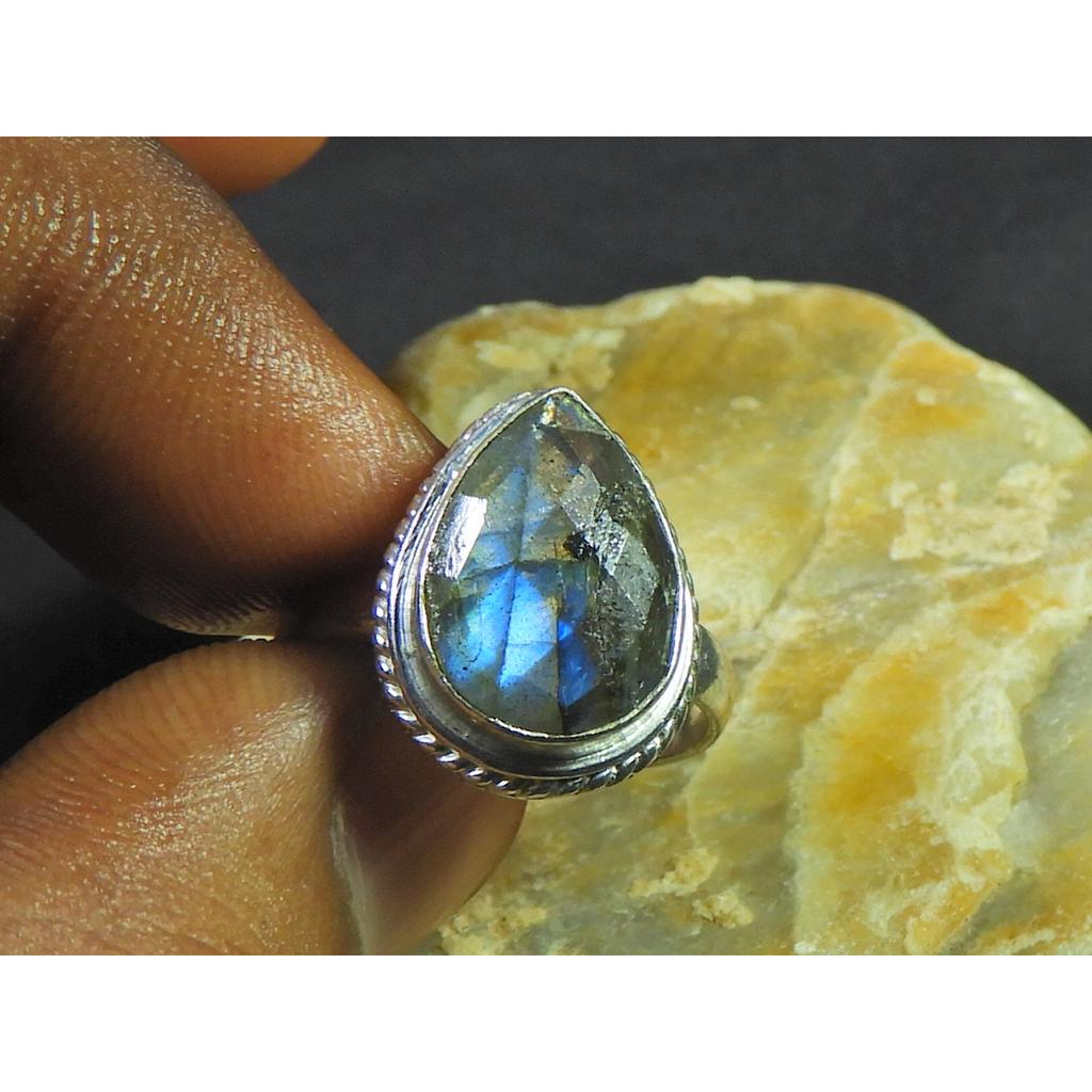 Natural Labradorite 925 Sterling Silver Pear Handmade Vintage Ring US-7.5 MK-68