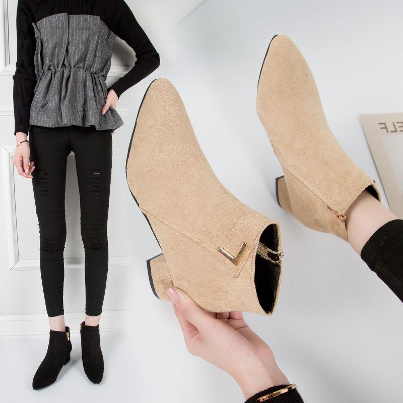 Fashion Low-heeled Women's Ankle Boots Autumn and Winter High Heels Ladies Boots New Pointed Toe Women Chelsea Boots