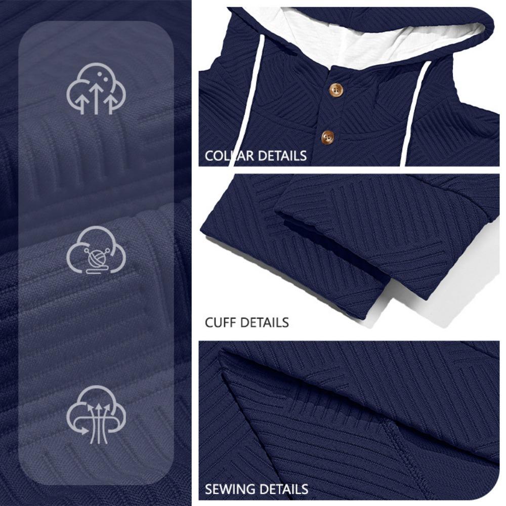 New Mens Fashion Pullover Hooded Long Sleeve Drawstring Button Sweatshirt Streetwear Texture Athletic Hiking Outdoor Jackets