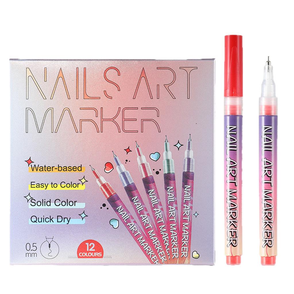 Nails Art Marker Set 0 5mm Fine Tip Nail Drawing Pen Water-Based Quick Dry Solid Color Nail Art Drawing Tools for DIY Nail Decoration 12 Pieces