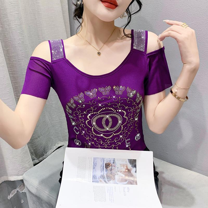 Новая летняя футболка Ice Silk Mesh Heavy Industry для женщин с короткими рукавами и одним плечом Iron Diamond