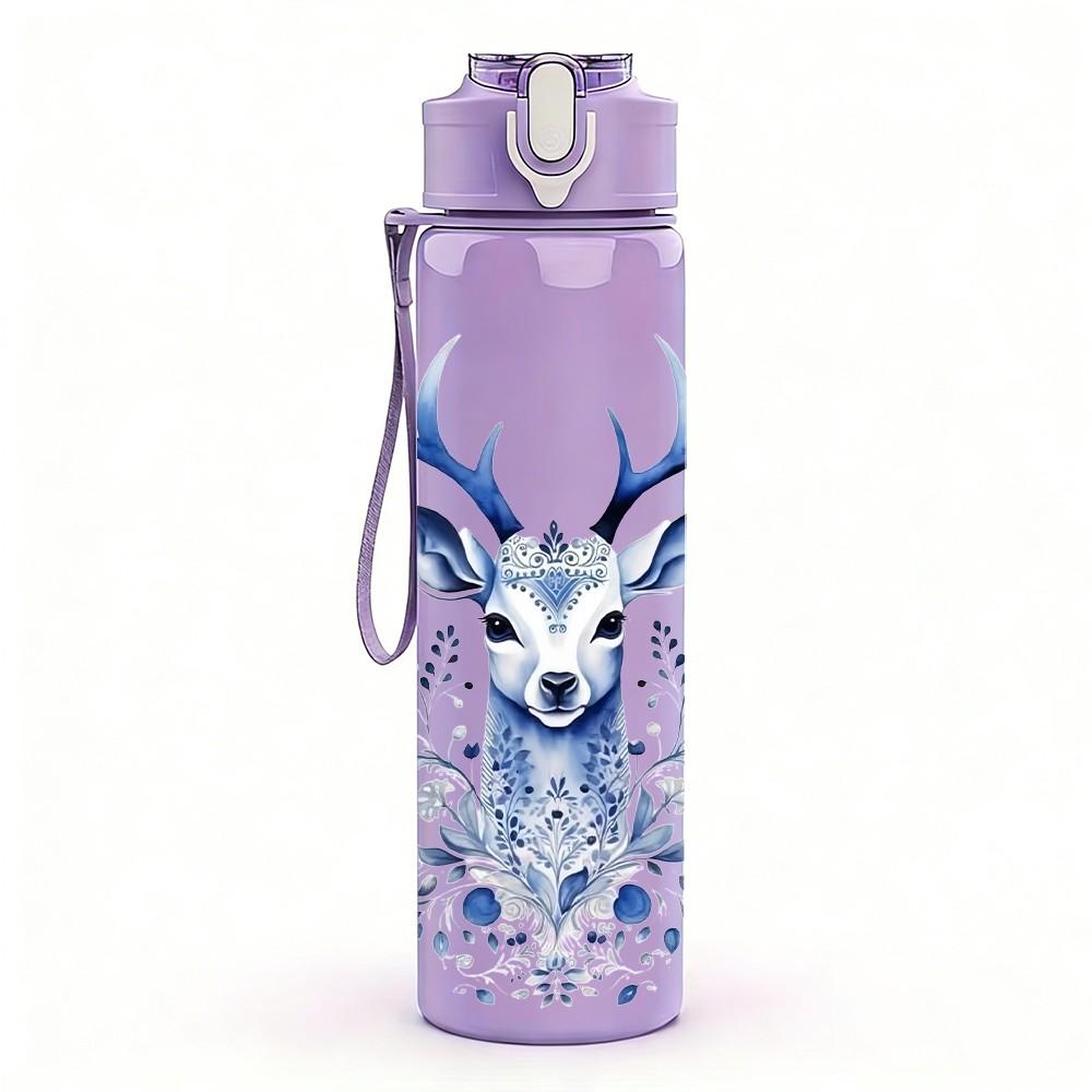 1PC Winter Snow Deer Stag Pattern 750ml Color Plastic Sports Water Bottle Leakproof Flip Straw Lid Suitable for Sports Office Home Use