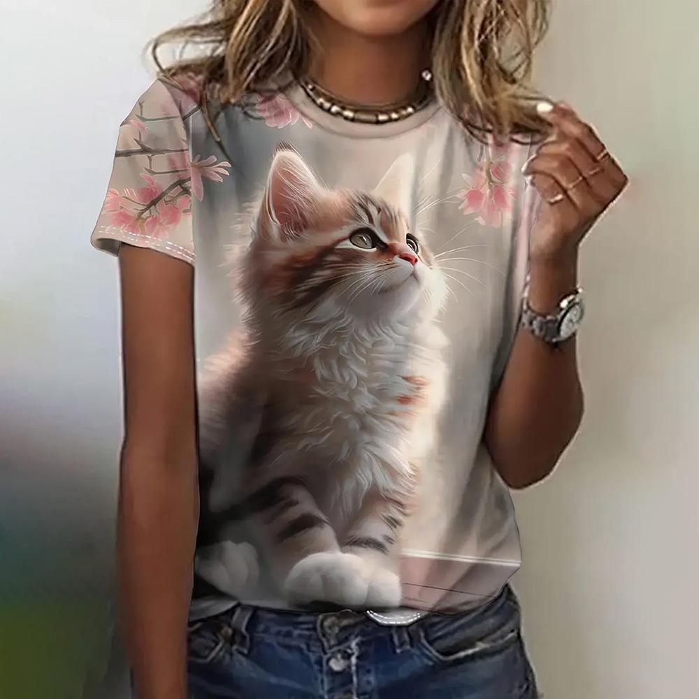 Женская мода 3D абстрактный рисунок кошки напечатаны короткие рукава топы 2024 новая женская одежда футболки летние свободные блузки и футболки