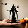 Dark Wizard Silhouette Ornament Wooden Gothic for Halloween Tabletop Decoration, Black Hollow Craft Windowsill Witch Statue with Scepter Home