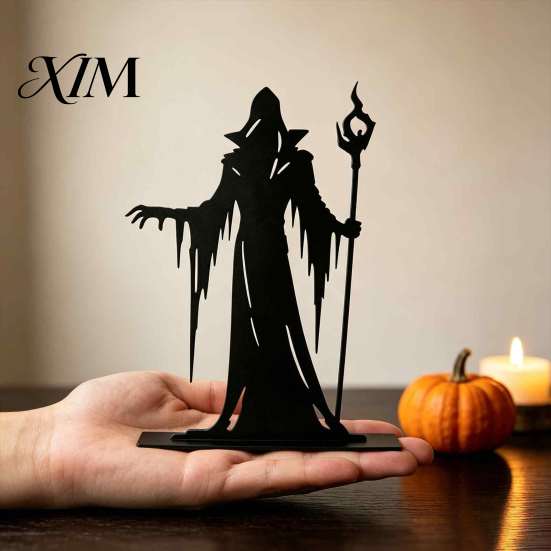 Dark Wizard Silhouette Ornament Wooden Gothic for Halloween Tabletop Decoration, Black Hollow Craft Windowsill Witch Statue with Scepter Home
