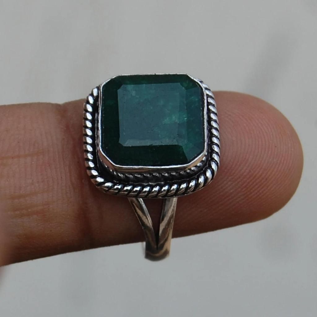 Square Raw Emerald Sterling Silver Ring: Faceted Birthstone Jewelry