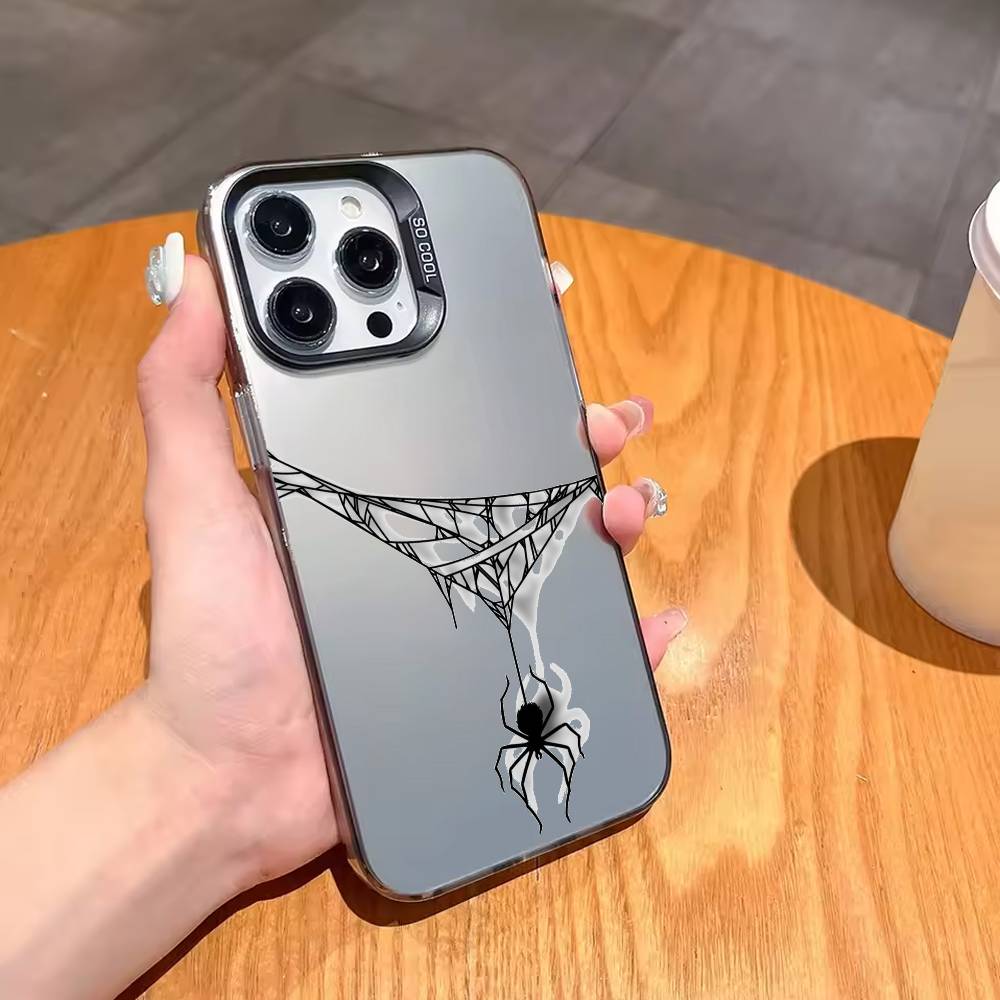 Чехол для телефона с готическим принтом паутины для iPhone 17, 16, 15, 14, 13, 12, 11 Plus, Pro Max Черная рамка Серебряное покрытие