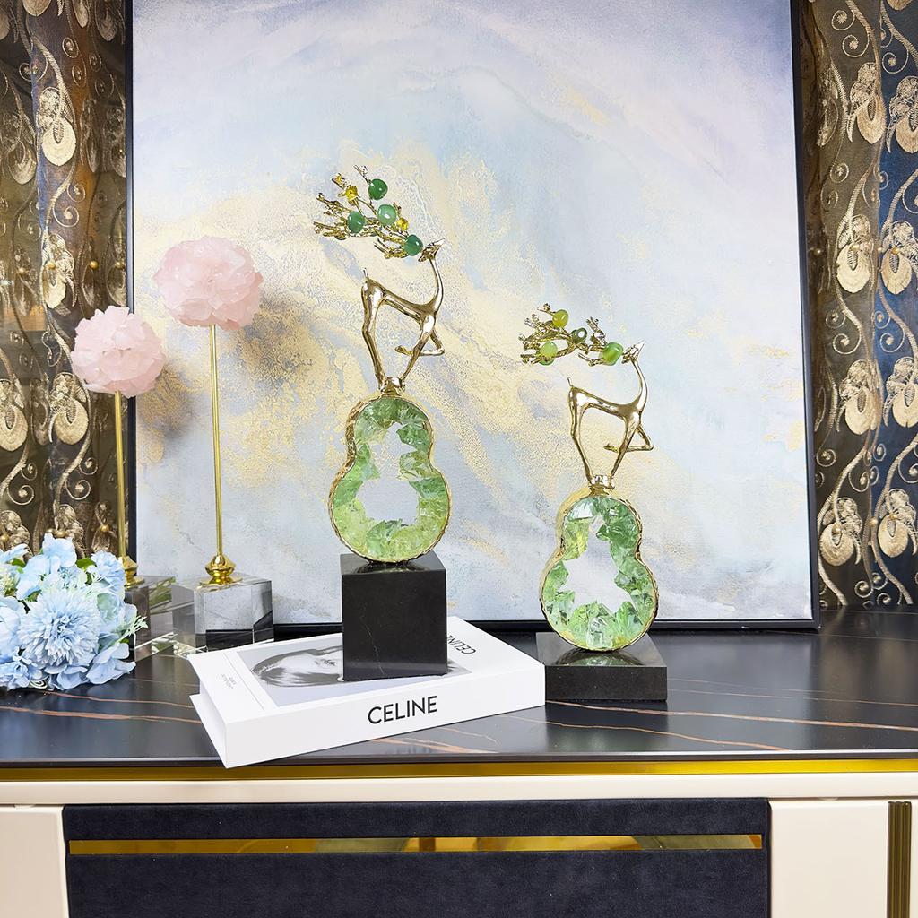 Metal Handicrafts Crystal Green Gourd Sculpture Golden Deer Metal Figurine Lucky Crystal Statue Home Decoration Accessories