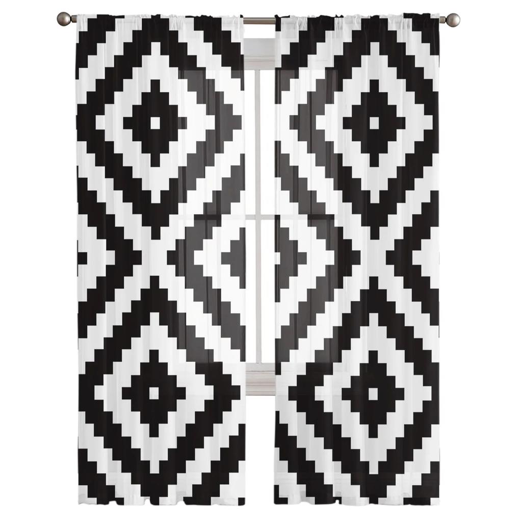 Черно-белые тюлевые шторы с неправильной геометрией для гостиной, спальни, декор, шифоновая прозрачная вуаль, кухонная оконная занавеска