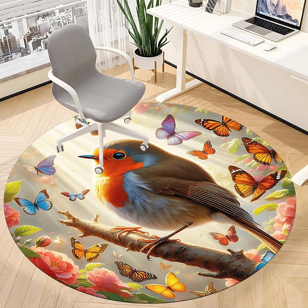 1PC Butterfly Bird Office Round Area Rug, Mat Suitable For Office, Under Office Chairs Bedroom Living Room Home Decor, Room Deco