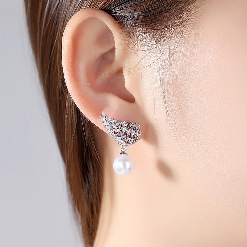 WWJ модные женские ювелирные аксессуары перо крыло CZ цирконий серьги-капли для женщин