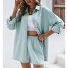 Pure Color Long Sleeves Shirt Shorts Fashion Casual Set Women Solid Color Casual Suit