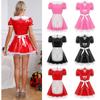 Women's Wet Look Leather French Maid Cosplay Costume Puff Sleeve Party Mini Dress