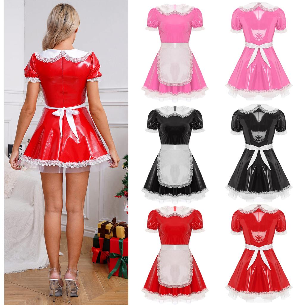 Women's Wet Look Leather French Maid Cosplay Costume Puff Sleeve Party Mini Dress