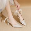 Red Wedding Shoes High Heels 6cm Bow Pointed High Heels Shoes Thick Heels Women's Shoes New Water Diamond Bridal Shoes
