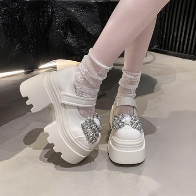 Модные 10 см Новые дизайнерские туфли-лодочки на платформе-танкетке из микрофибры с круглым носком, хрустальные балетки с крючком, женские модные туфли-лоферы Мэри Джейн