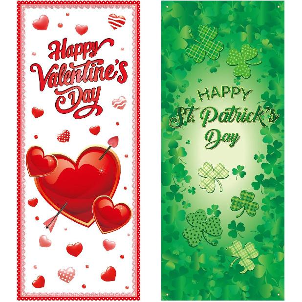 TaoBary 2 Pcs Valentine's Day and St. Patricks Day Door Covers Polyester Red Heart Happy Valentines Door Banner Green Shamrock Front Porch Decor for