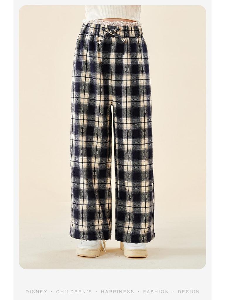 Кружевные брюки с высокой талией и широкими штанинами в клетку для девочек Минни - Мода Осень 2025
