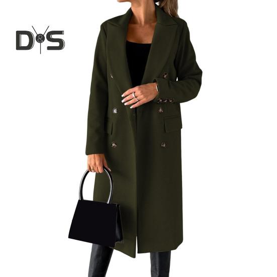 Women Woolen Jacket Turn-down Collar Solid Color Double-breasted Coat Mid Length Thermal Long Sleeved Commuting Dating Spring Fall Winter Overcoat