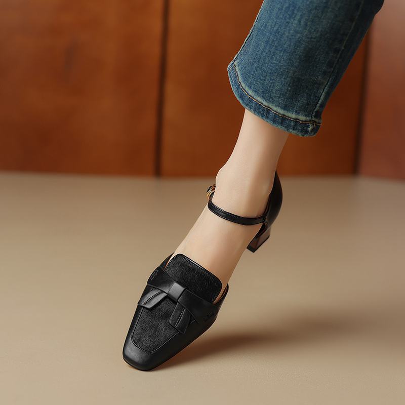 Осенне-летняя обувь из коровьей кожи с квадратным носком и конским волосом на среднем каблуке, женские туфли-лодочки на плоской подошве в лаконичном стиле с дизайном «бабочка» и ремешками на щиколотке