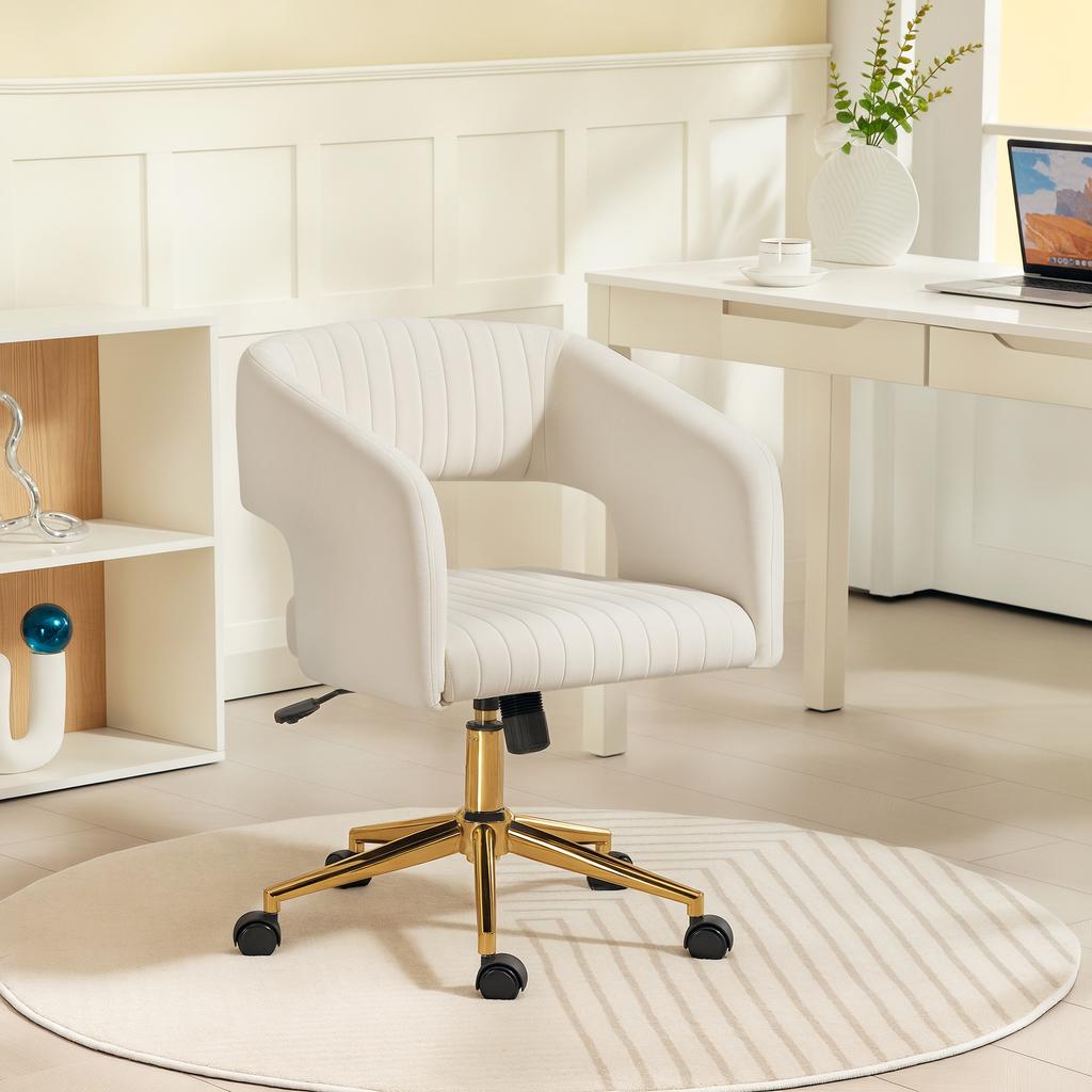 Rollable Desk Chair with Velvet-Look Cover, Height-Adjustable Office Chair, Tilt Function, Cream White