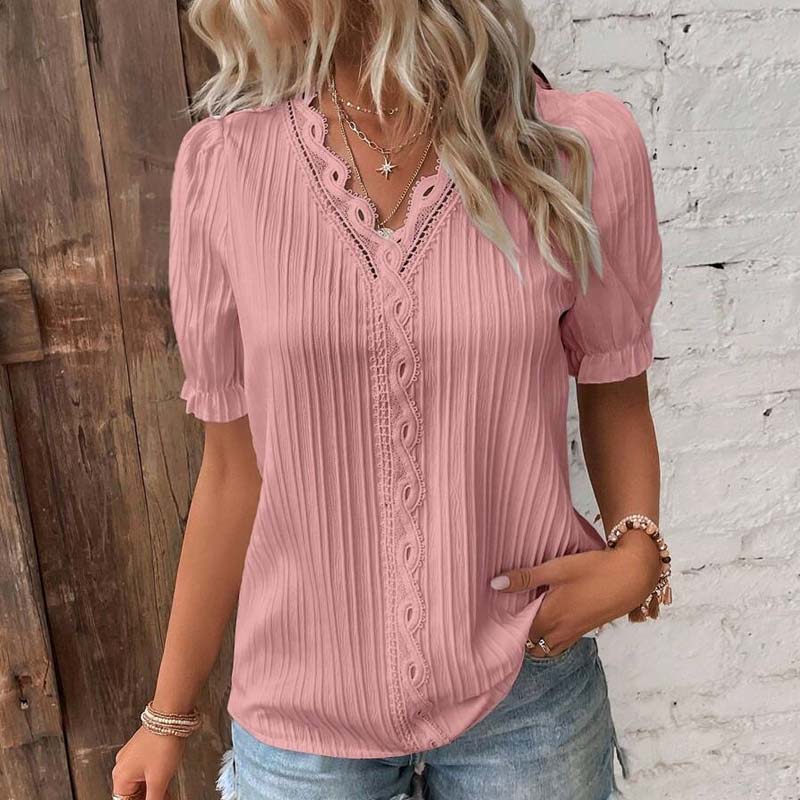 Летняя мода в вертикальную полоску, кружевная рубашка с v-образным вырезом, повседневная пышная блузка с коротким рукавом, женская элегантная верхняя одежда, милые блузки 27878
