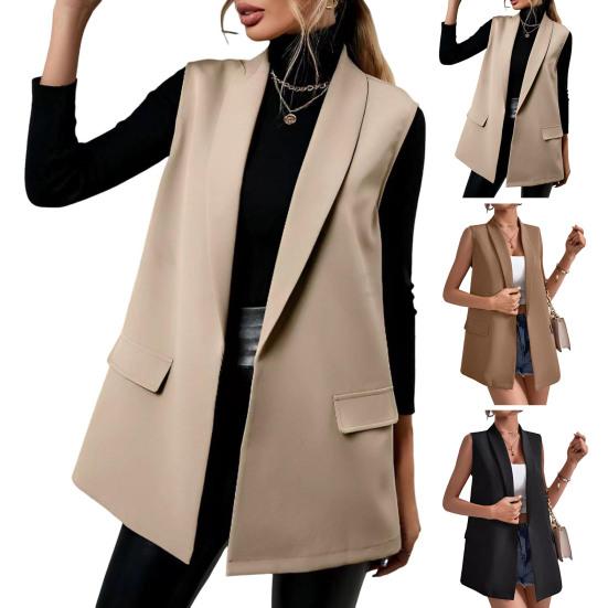 Женский жилет с лацканами, без рукавов, с клапанами, карманами, средней длины, пиджак, однотонный, открытый спереди, деловой, рабочий