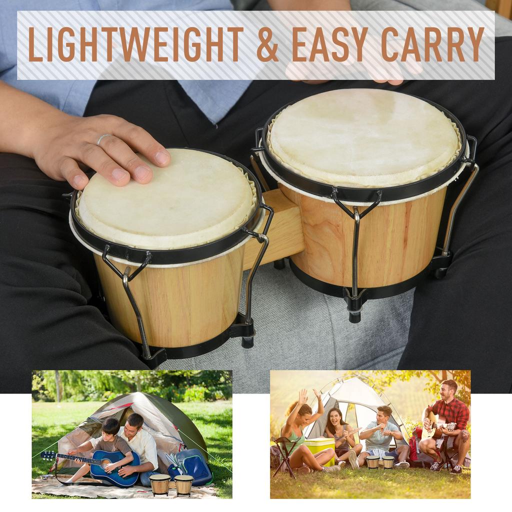 Wooden Bongo Drum Set diameter 7.75" & diameter 7" w/ Drum Head, Percussion Instrument, Drums, Tuning Wrench For Adults Beginners
