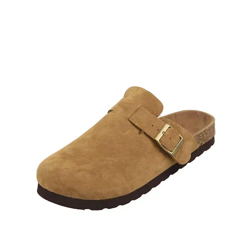 Модные женские тапочки с пряжкой на ремне, замшевые сабо на плоской подошве, весна-осень 2024, уличные тапочки с закрытым носком, однотонные женские тапочки