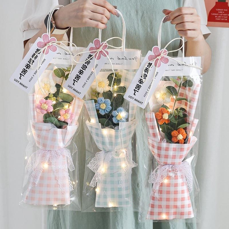 LED Knitted Flower Bouquets Finished Woven Bouquet Crochet Flower Decorations Artificial Flowers Wedding Decor Birthday Gifts