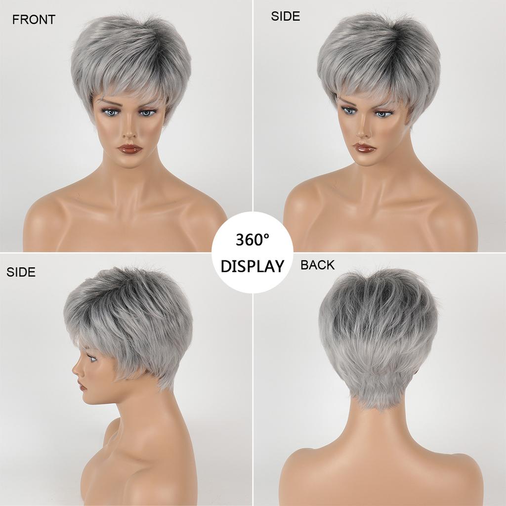 European and American Style Middle Aged Women's Natural Looking Synthetic Fiber Short Straight Gradient Silver Gray Wig