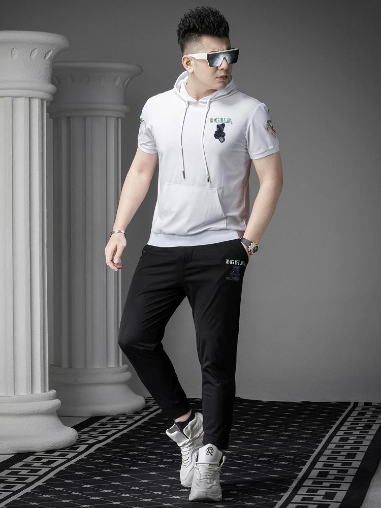 Ozhouzhan 2025 New Short sleeve T-shirt Trousers Casual Set Summer Fashion Brand Hoodie Men's Two-piece Set