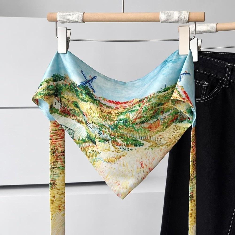 Self Tie Bow Waist Sash Scarf Landscape Print Printed Scarf Belt Silk Scarf Belt Spring Autumn