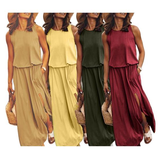 Женское летнее платье с плиссировкой, круглым вырезом, без рукавов, однотонное, свободное, с разрезом, макси-платье, повседневная одежда для свиданий, вечеринок, длинное платье