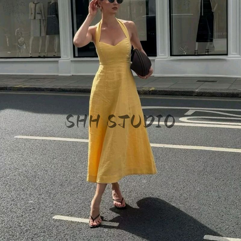 Summer New Product Women's Clothes Minimalist Cotton and Linen Blended Bowknot Decoration Hanging Collar High Waist Midi Skirt Long Dress