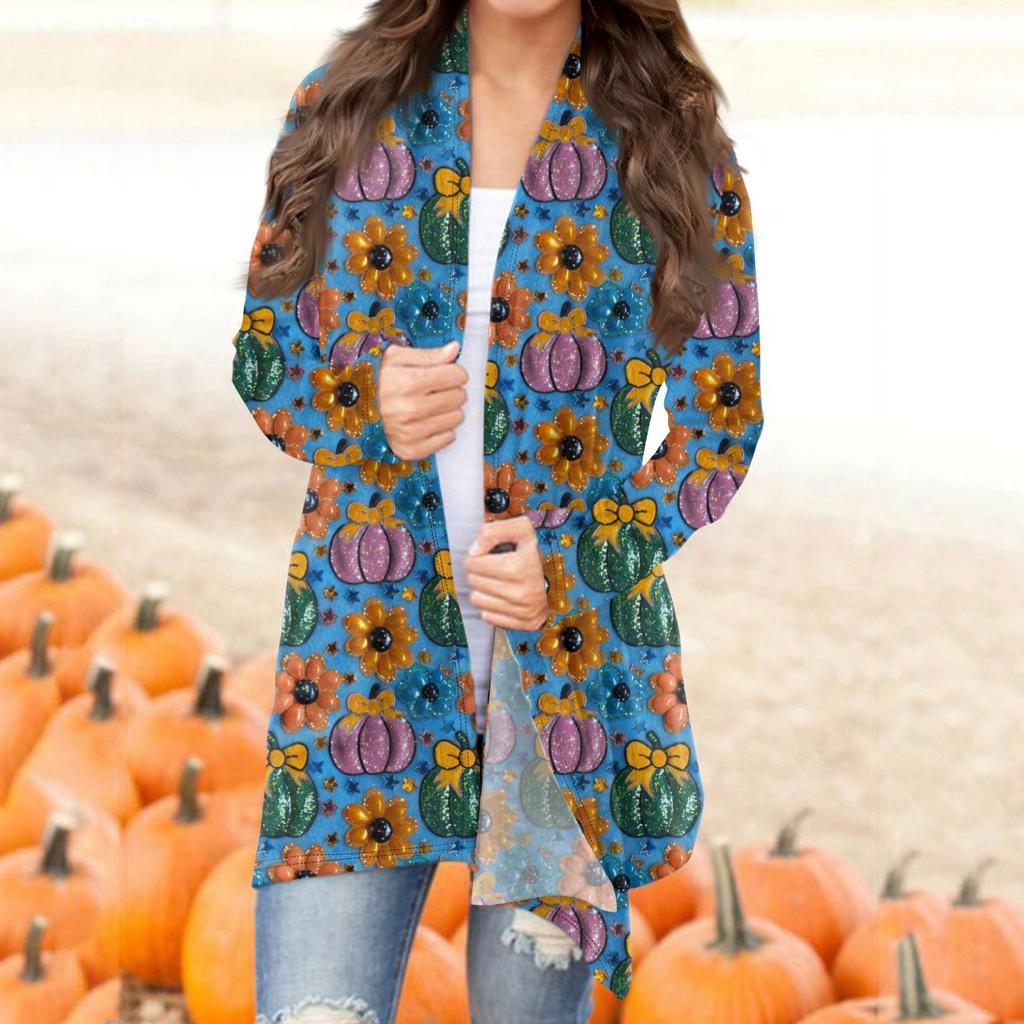 Женская мода повседневная Хэллоуин принтованный длинный рукав кардиган средней длины топы