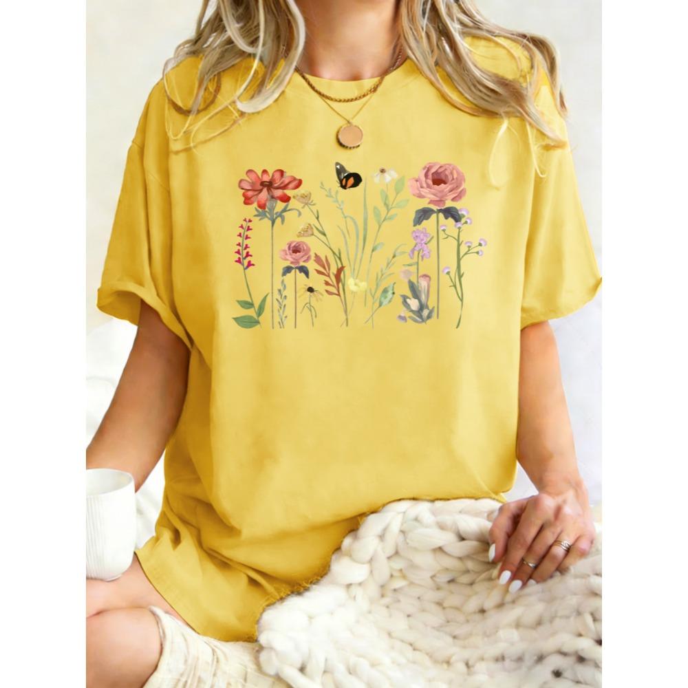 Flowers Attract Butterflies To Stay Print T-Shirts Women Cotton Casual T Shirt Breathable Summer Sportswear Crewneck Tops
