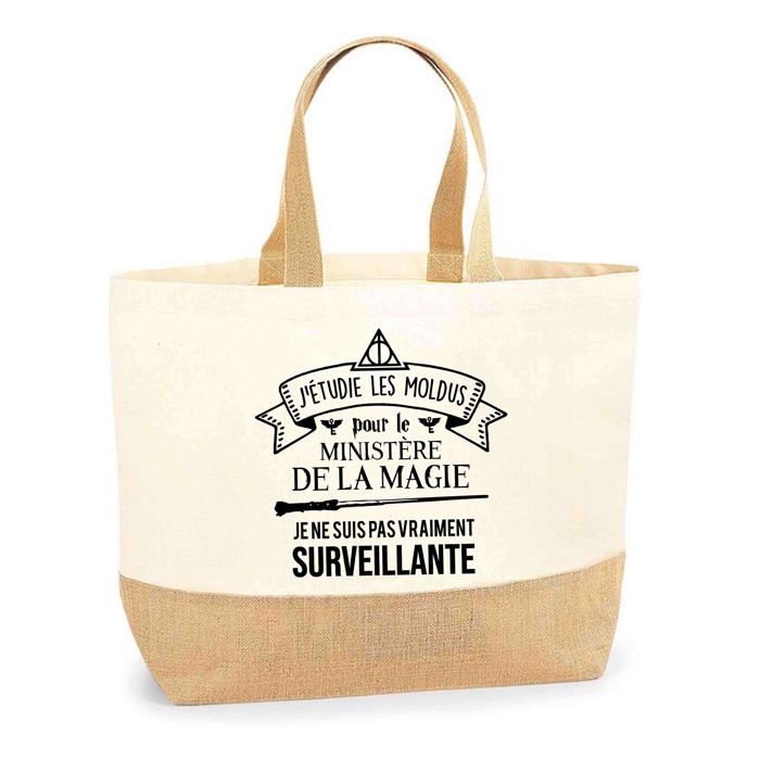 Tote bag - PLANETEE - Surveillante Ministère de la Magie - Jute naturel - Fabriqué en France - Poignées solides