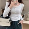 White Half-open Collar Button-down, Long-sleeved T-shirt for Women, Autumn Design, Niche, Non-waist Inner Layering, Bottoming Shirt Top